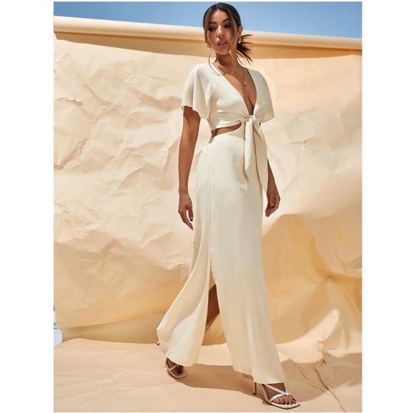 Tie Front Cut Out High Slit Beige Maxi Dress Boho - Picture 10 of 12